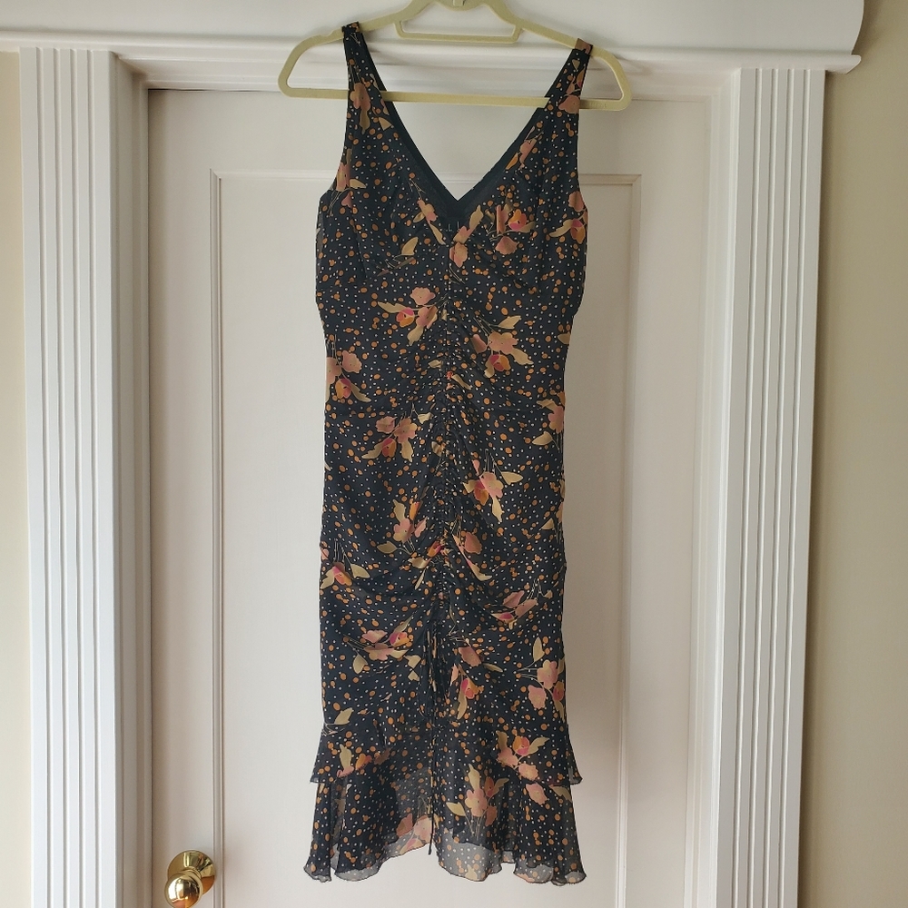 Silk Nicole Miller sz 6 rouched floral dress, vintage, sheer, wedding